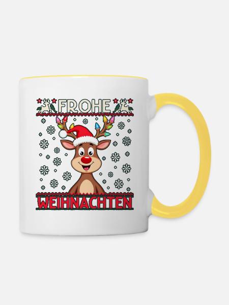 Lustige Rentier Weihnachten – Frohe Festtage - Tasse zweifarbig - Weiß/Gelb