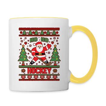 Weihnachtsmann auf dem Eis – "Ho Ho Hockey" - Tasse zweifarbig - Weiß/Gelb - Rechts