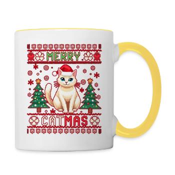Merry Catmas – Lustige Katze im Rentierkostüm - Tasse zweifarbig - Weiß/Gelb - Rechts