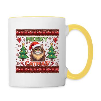 Merry Catmas – Katze mit Schneeflocken - Tasse zweifarbig - Weiß/Gelb - Rechts