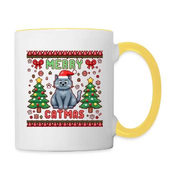 Merry Catmas – Katze unter dem Weihnachtsbaum - Tasse zweifarbig - Weiß/Gelb - Rechts