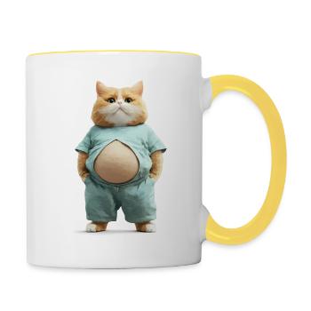 Lustiger Dicker Kater in Bequemer Kleidung - Tasse zweifarbig - Weiß/Gelb - Rechts