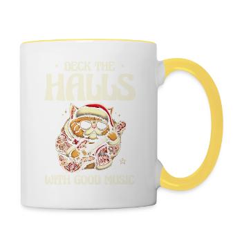 Schmücke Hallen guter Musik, Weihnachtsdekoration - Tasse zweifarbig - Weiß/Gelb - Rechts
