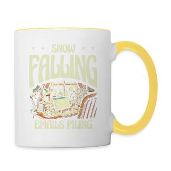 Schnee fallende E-Mails häufen sich, Winterarbeit - Tasse zweifarbig - Weiß/Gelb - Rechts