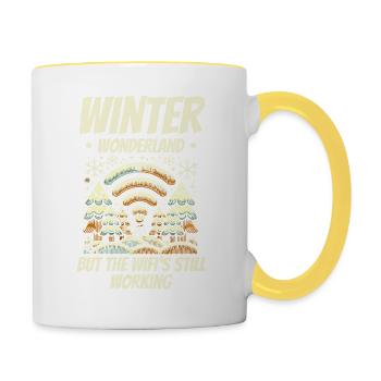 Winterwunderland, aber WLAN funktioniert, Winter - Tasse zweifarbig - Weiß/Gelb - Rechts