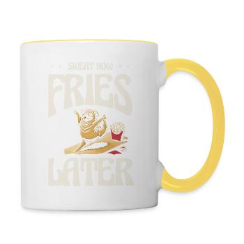 Maintenant, sueur, frites plus tard, humour fitness - Mug contrasté - blanc/jaune - Droite