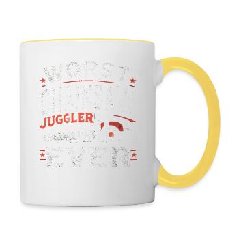 Der schlechteste Kettensägenjongleur aller Zeiten - Tasse zweifarbig - Weiß/Gelb - Rechts