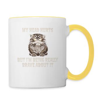 Lustige Katze Mit Spruch: Mein Kopf Tut Weh Aber - Tasse zweifarbig - Weiß/Gelb - Rechts