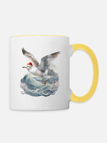 Möwe Winter Weihnachten Christmas Xmas maritim - Tasse zweifarbig - Weiß/Gelb