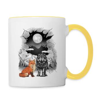Gebirge Natur Wölfe Wölfe Fuchs Füchse Berge Mond - Tasse zweifarbig - Weiß/Gelb - Rechts