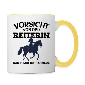 Vorsicht vor der Reiterin, das Pferd ist harmlos - Tasse zweifarbig - Weiß/Gelb - Rechts