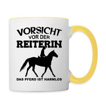 Vorsicht vor der Reiterin, das Pferd ist harmlos - Tasse zweifarbig - Weiß/Gelb - Rechts