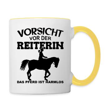 Vorsicht vor der Reiterin, das Pferd ist harmlos - Tasse zweifarbig - Weiß/Gelb - Rechts
