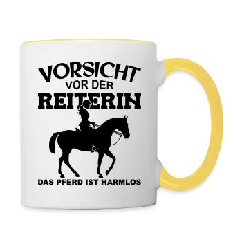 Vorsicht vor der Reiterin, das Pferd ist harmlos - Tasse zweifarbig - Weiß/Gelb - Rechts