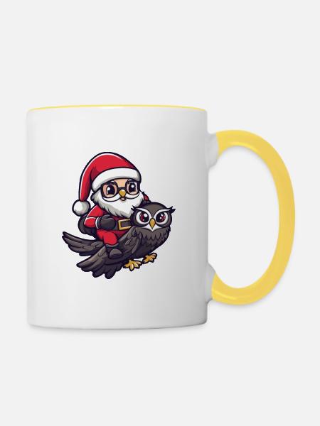 Eule Weihnachtsmann Cartoon - Tasse zweifarbig - Weiß/Gelb