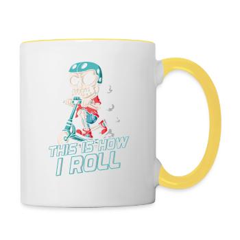 How I Roll : Squelette de patineur sur trottinette - Mug contrasté - blanc/jaune - Droite