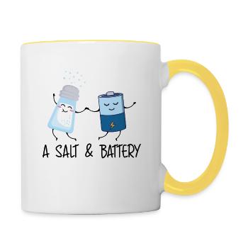 A Salt & Battery Funny Cartoon Motif for - Contrasting Mug - white/yellow - Right