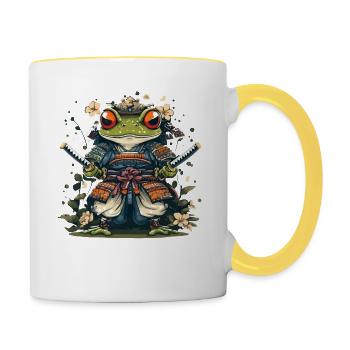 Samurai Frosch mit Schwertern und Blumen - Tasse zweifarbig - Weiß/Gelb - Rechts