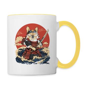 Bouledogue Français Samouraï Guerrier Vagues - Mug contrasté - blanc/jaune - Droite