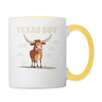 Texas SUV Funny Bull Dessin animé avec drôle - Mug contrasté - blanc/jaune - Droite