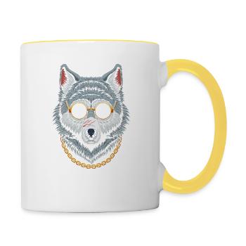 Cool Wolf avec des lunettes et une chaîne - Comment vas-tu ? - Mug contrasté - blanc/jaune - Droite