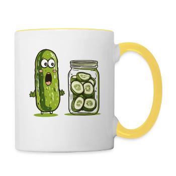 Funny cucumber marvels at pickled relatives - Contrasting Mug - white/yellow - Right