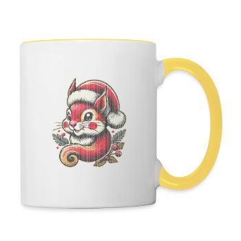 Weihnachtliches Eichhörnchen Motiv Strickoptik - Tasse zweifarbig - Weiß/Gelb - Rechts