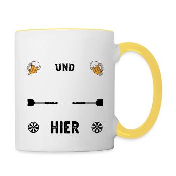 Darts und Bier darum bin ich hier Geschenkidee - Tasse zweifarbig - Weiß/Gelb - Rechts