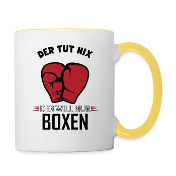 He doesn't do anything, he just wants boxing, funny gift - Contrasting Mug - white/yellow - Right