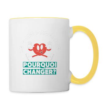 Ich bin perfekt, warum sollte ich mich ändern? - Tasse zweifarbig - Weiß/Gelb - Rechts