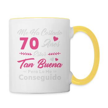 Ich habe 70 Jahre gebraucht 70 Geburtstag Frauen - Tasse zweifarbig - Weiß/Gelb - Rechts