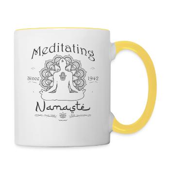 Meditieren seit 1942 - 83 Jahre achtsames Leben - Tasse zweifarbig - Weiß/Gelb - Rechts