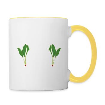 Spinatzeit oder Steak ironisch aufbereitet lustig - Tasse zweifarbig - Weiß/Gelb - Rechts