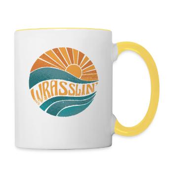 Wrasslin' Sonne Wellen Retro Motiv - Tasse zweifarbig - Weiß/Gelb - Rechts