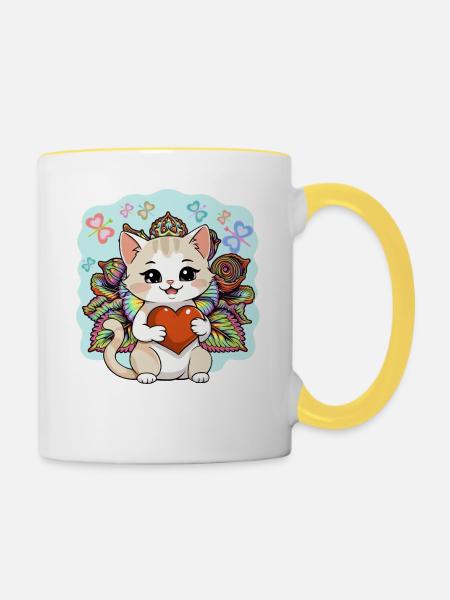 Katze Katzen Herz Kätzchen Herzen Geburtstag - Tasse zweifarbig - Weiß/Gelb