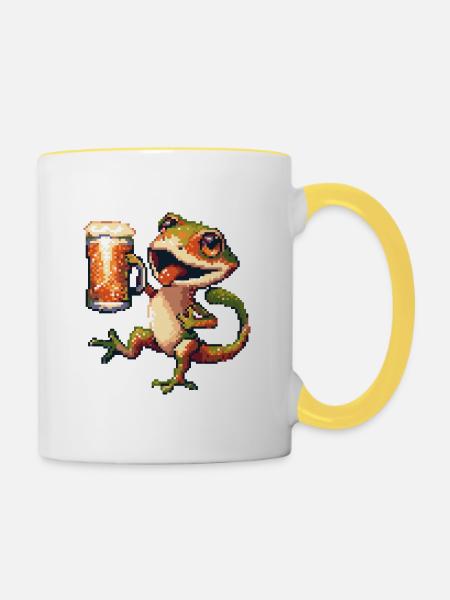 Echse Pixel Bier - Tasse zweifarbig - Weiß/Gelb