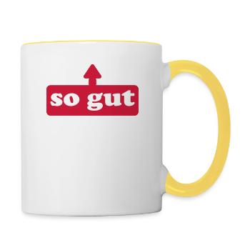 Shirt "So gut kann man im Ruhestand aussehen", - Tasse zweifarbig - Weiß/Gelb - Rechts