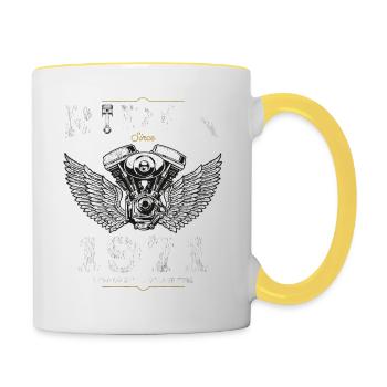 Cavalier depuis 1971 - 54 ans de routes ouvertes et - Mug contrasté - blanc/jaune - Droite