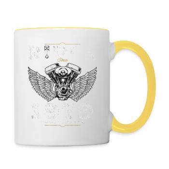 Cycliste depuis 1979 - 46 ans, né pour rouler, construit - Mug contrasté - blanc/jaune - Droite