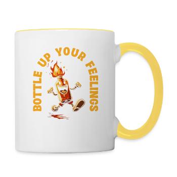 Bottle Up Your Feelings Bottle motif with flames - Contrasting Mug - white/yellow - Right