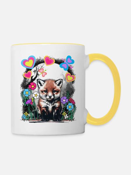 Frühling Retro Fuchs Füchse Frühlingsanfang - Tasse zweifarbig - Weiß/Gelb