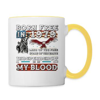 Né libre en 1979 - 46 ans d’indépendance et - Mug contrasté - blanc/jaune - Droite