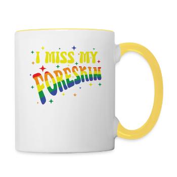 Regenbogen Text: I Miss My Foreskin - Tasse zweifarbig - Weiß/Gelb - Rechts