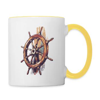 Maritimes Steuerrad – Vintage Nautik Design - Tasse zweifarbig - Weiß/Gelb - Rechts
