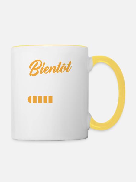 Bald, Cousine, bitte warten - Tasse zweifarbig - Weiß/Gelb