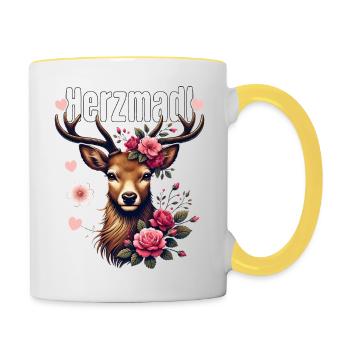 Herzmadl Shirt Damen Trachtenshirt Dirndl T-Shirt - Tasse zweifarbig - Weiß/Gelb - Rechts