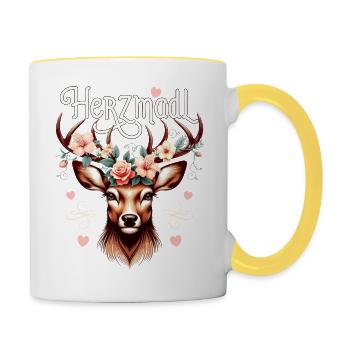 Trachten T-Shirt Herzmadl Damen Trachtenshirt - Tasse zweifarbig - Weiß/Gelb - Rechts
