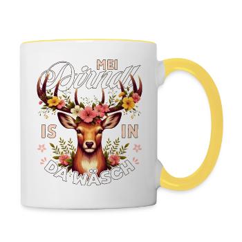 Trachten T-Shirt Dirndl Damen Trachtenshirt Tracht - Tasse zweifarbig - Weiß/Gelb - Rechts