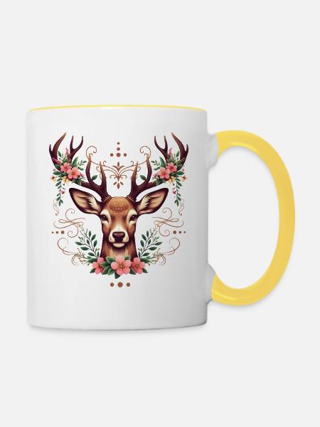 Trachtenshirt Damen Dirndl Shirt Hirsch Tracht - Tasse zweifarbig - Weiß/Gelb