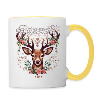 Trachtenshirt Damen Trachten T-Shirt Herzmadl - Tasse zweifarbig - Weiß/Gelb - Rechts